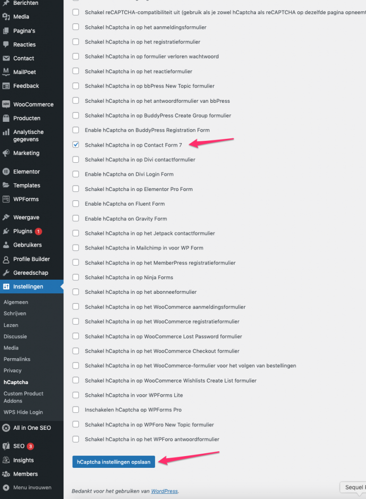 Contactform selecteren